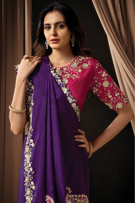Purple Designer Embroidered Saree with Heavy Border Stylish Blouse
