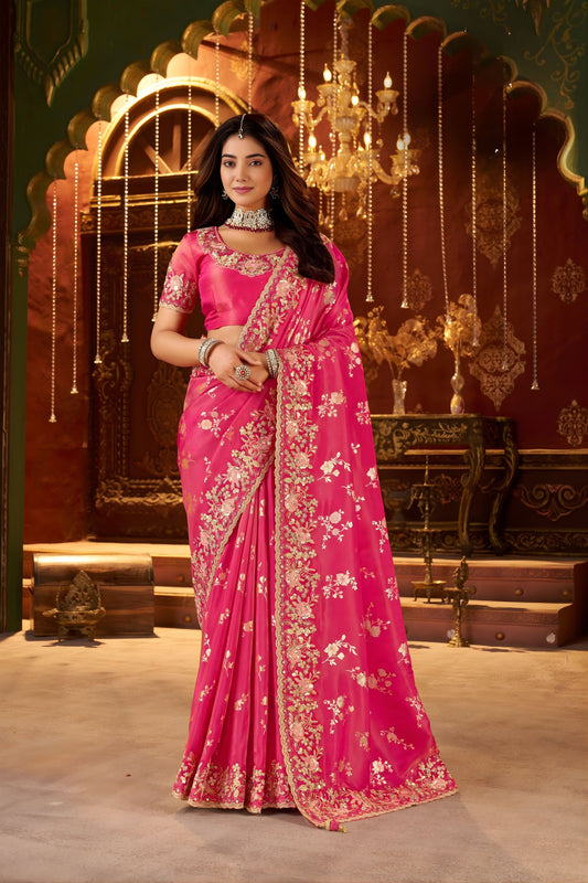 Rani Pink Banarasi Silk Saree with Golden Zari Designer Saree