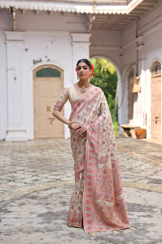 Beige Floral Silk Saree Pink Paisley Border Traditional Saree 