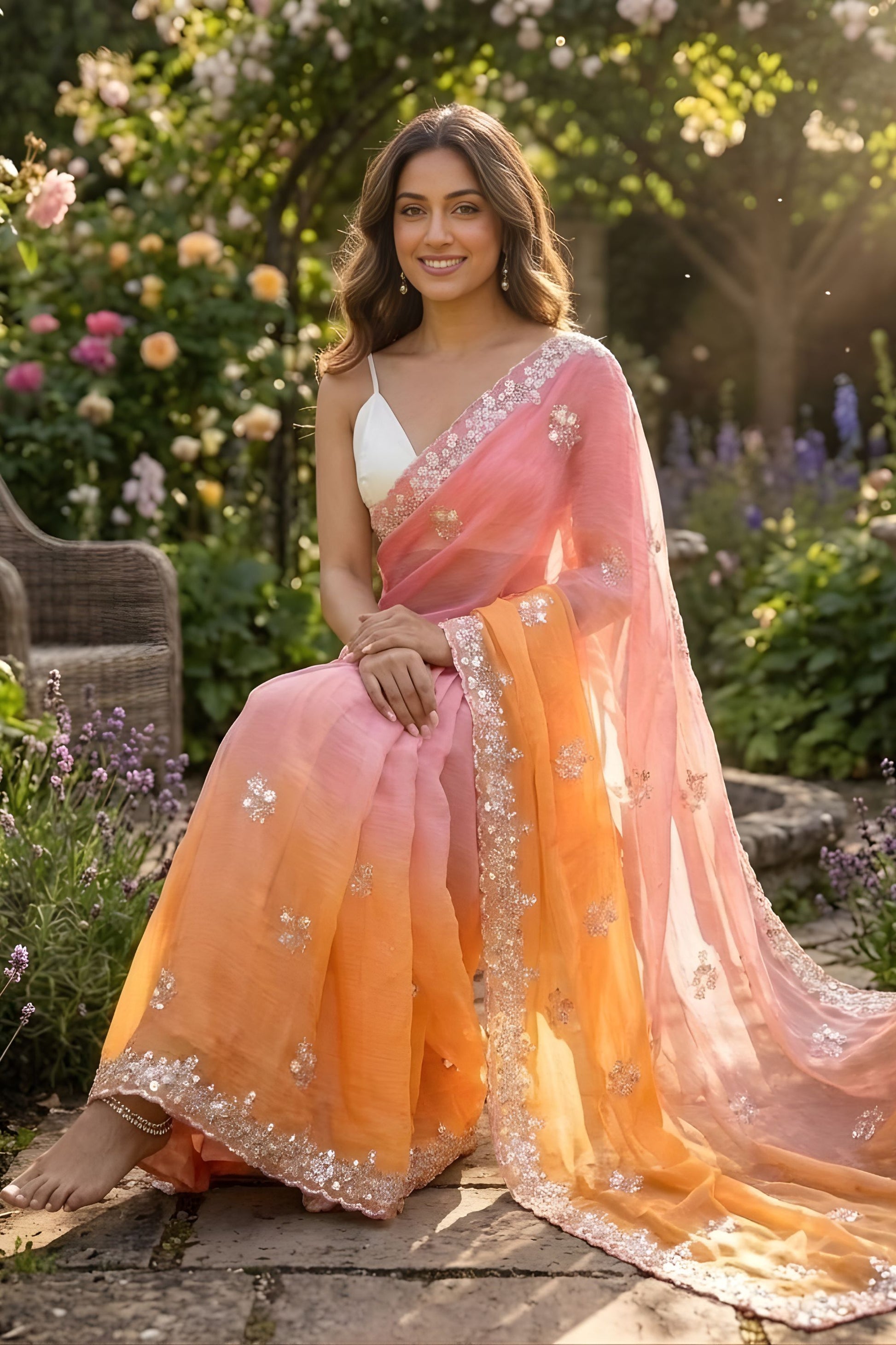 Pink Orange Ombre Designer Saree Sequin Embroidered Border