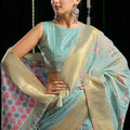 Elegant Sky Blue Handloom Cotton Saree with Motifs Contrast Pallu