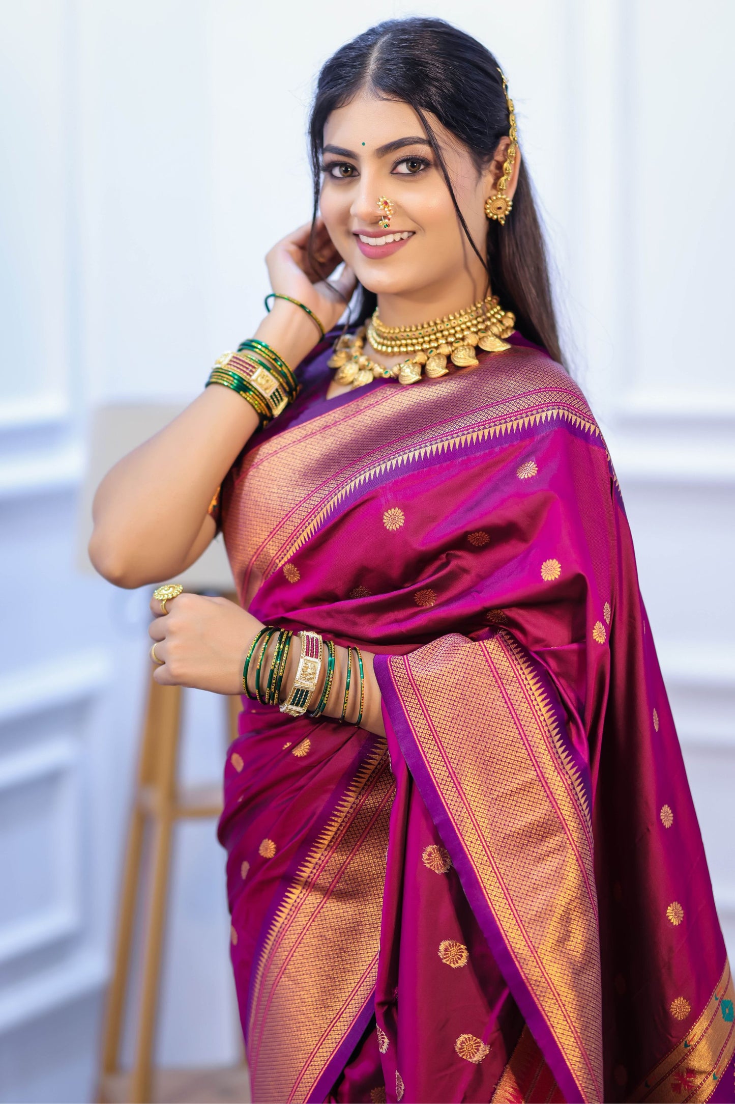 Rani Pink Kanjivaram Silk Saree with Gold Zari Border Butti Work