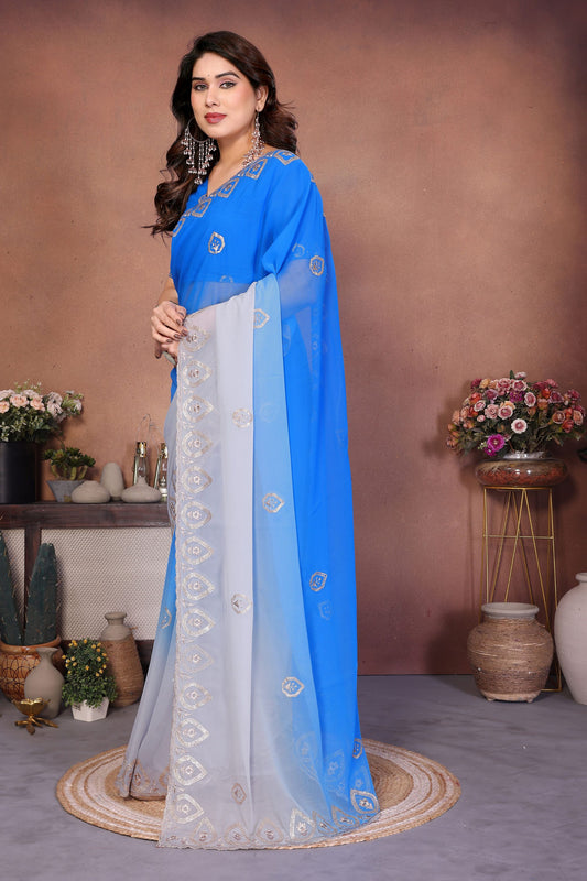 Royal Blue and Grey Georgette Saree Embroidered Border Work