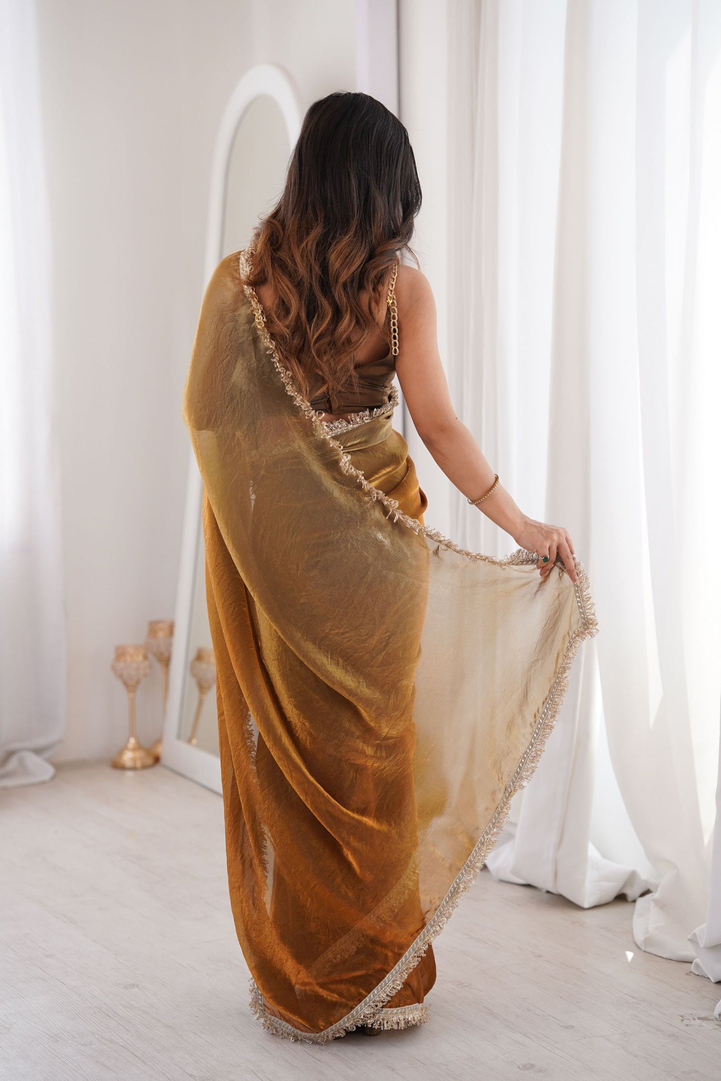 Mustard Gold Organza Silk Saree with Designer Lace Border