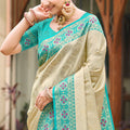 Beige Silk Saree Turquoise Blue Banarasi Border Traditional Saree