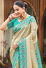 Beige Silk Saree Turquoise Blue Banarasi Border Traditional Saree