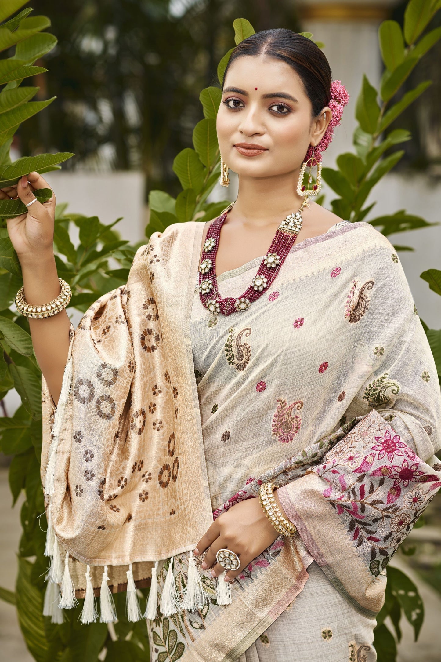 Cream Banarasi Silk Saree with Weaving Zari Border Festive Wear