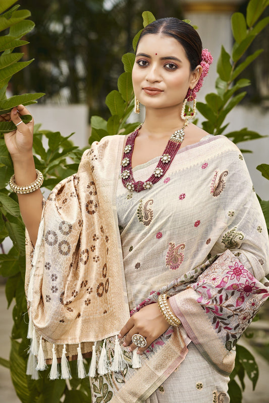 Cream Banarasi Silk Saree with Weaving Zari Border Festive Wear