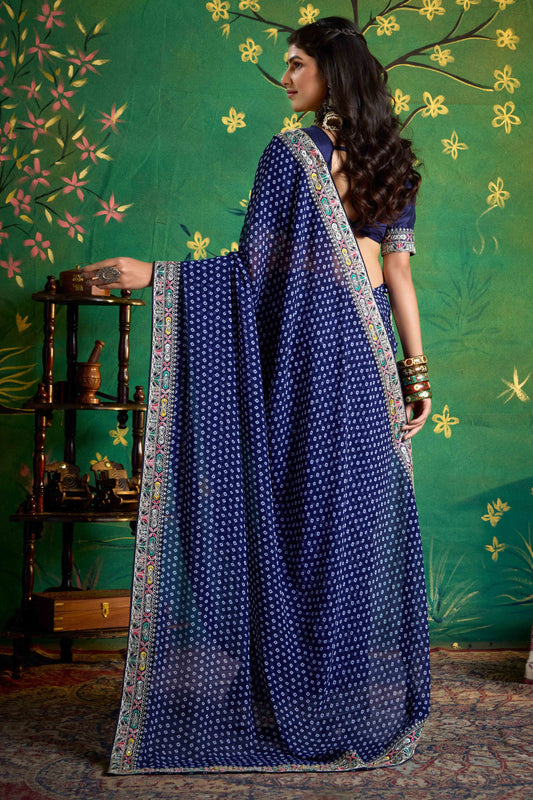 Navy Blue Bandhej Saree with Designer Blouse for Festive Wear