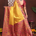 Golden Kanjivaram Silk Saree with Rich Pink Zari Weaving Border