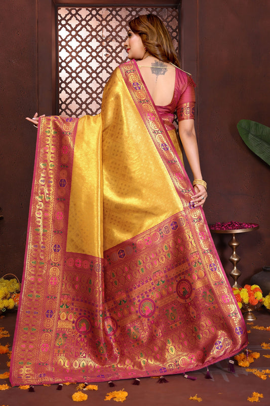 Golden Kanjivaram Silk Saree with Rich Pink Zari Weaving Border