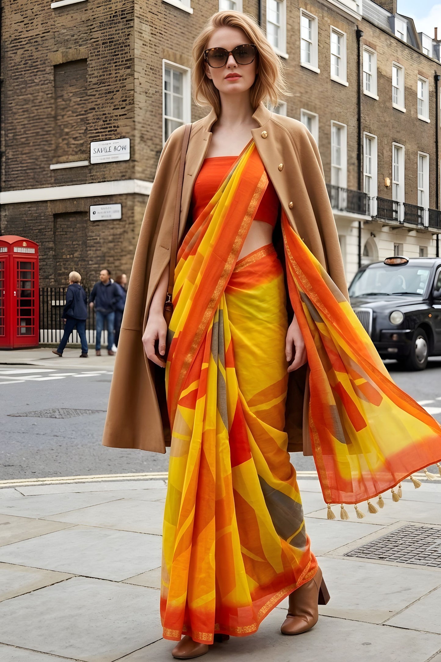 Orange Yellow Abstract Printed Saree Designer Casual Wear Saree