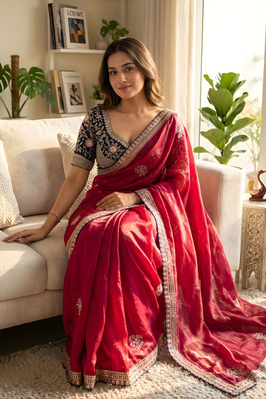 Royal Rani Pink Tissue Silk Saree with Embroidered Border Designer Blouse
