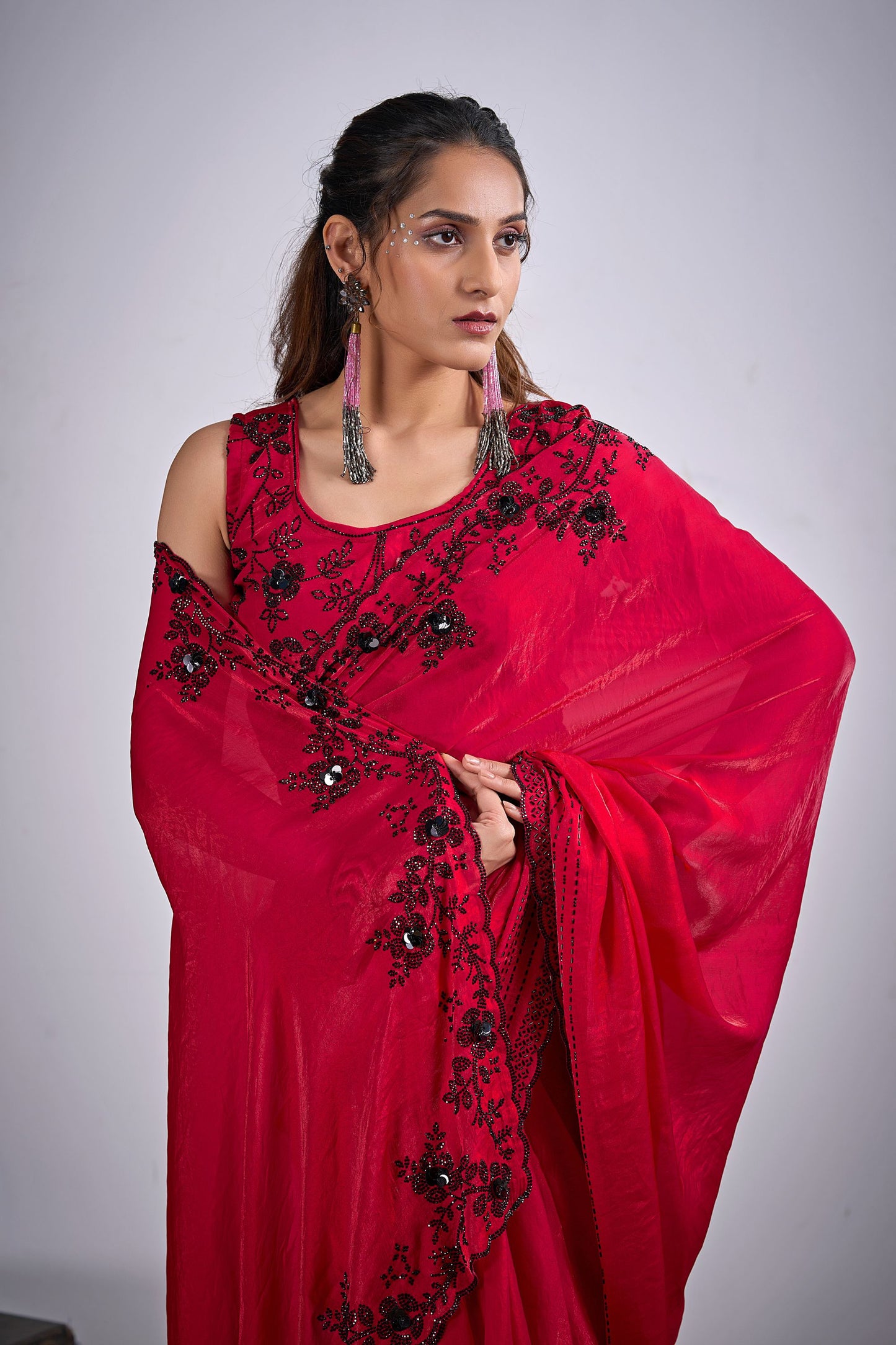 Rani Pink Organza Silk Saree Black Floral Embroidery Designer Saree