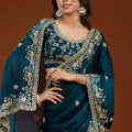 Teal Blue Designer Embroidered Saree with Heavy Matching Blouse