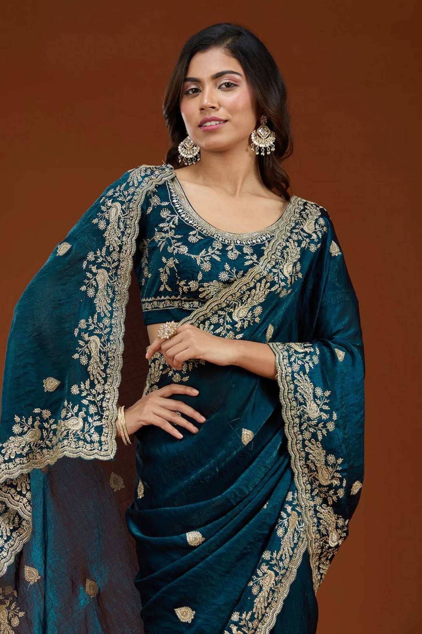 Teal Blue Designer Embroidered Saree with Heavy Matching Blouse