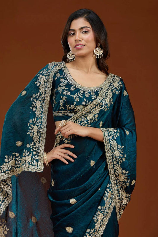 Teal Blue Designer Embroidered Saree with Heavy Matching Blouse