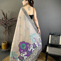 Taupe Grey Linen Cotton Saree with Artistic Elephant Print Pallu