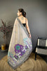 Taupe Grey Linen Cotton Saree with Artistic Elephant Print Pallu