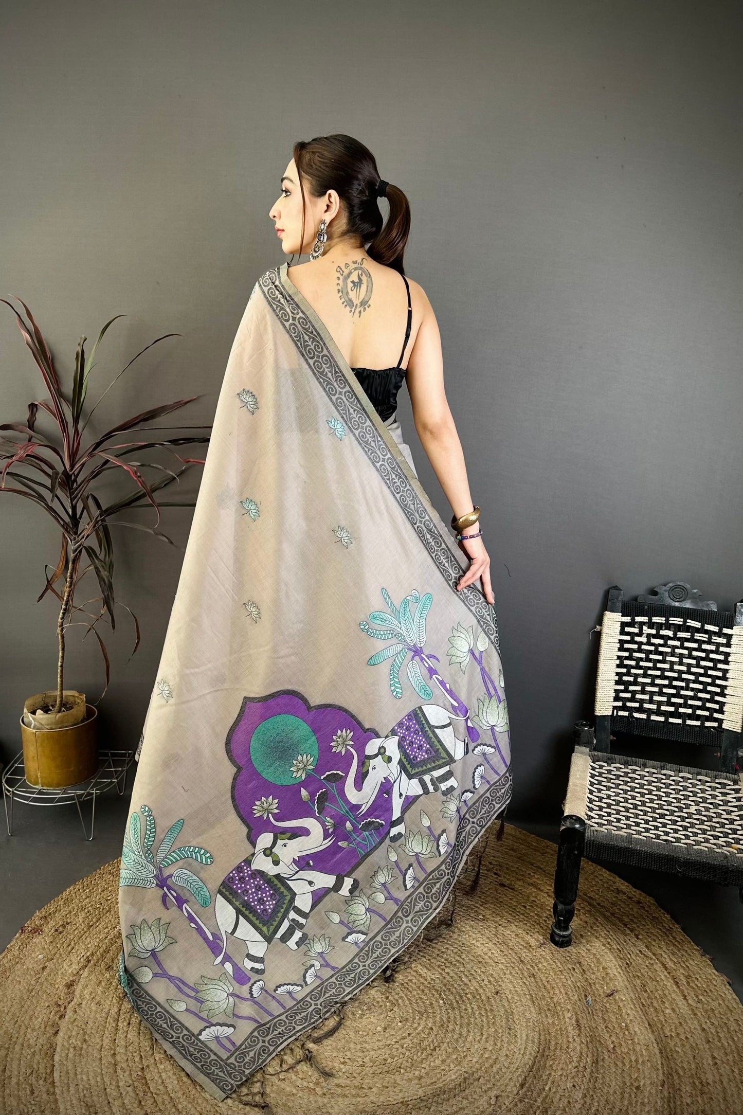 Taupe Grey Linen Cotton Saree with Artistic Elephant Print Pallu