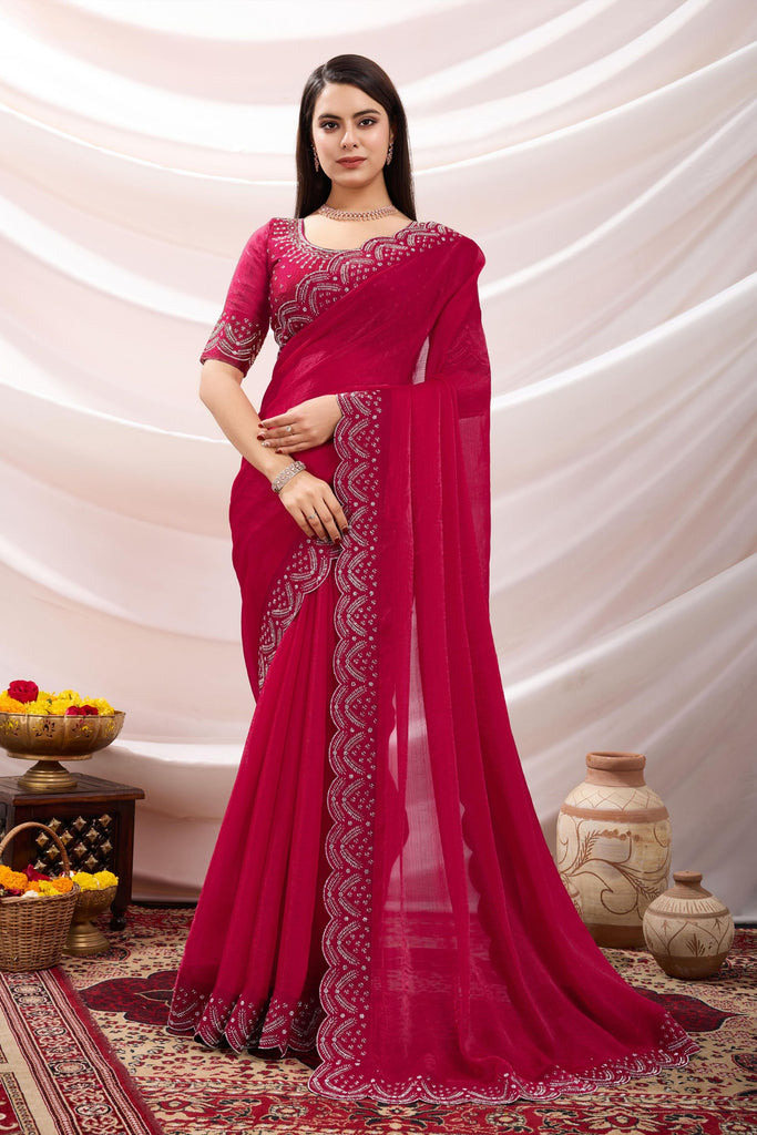 Designer Rani Pink Georgette Saree with Embroidered Border Blouse 