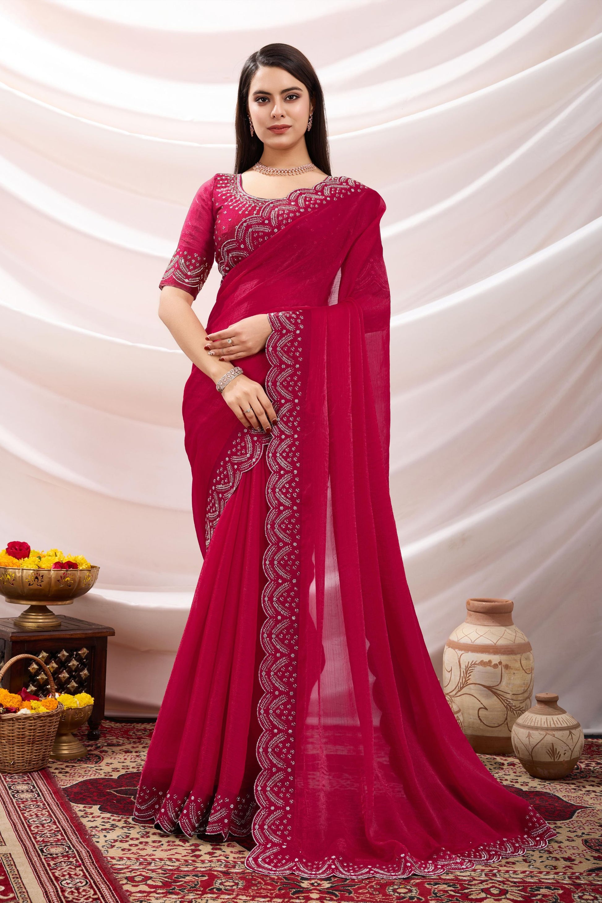 Designer Rani Pink Georgette Saree with Embroidered Border Blouse 