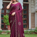 Wine Purple Silk Saree Embroidered Floral Border Designer Blouse