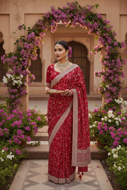 Elegant Red Bridal Silk Saree with Intricate Festive Wear