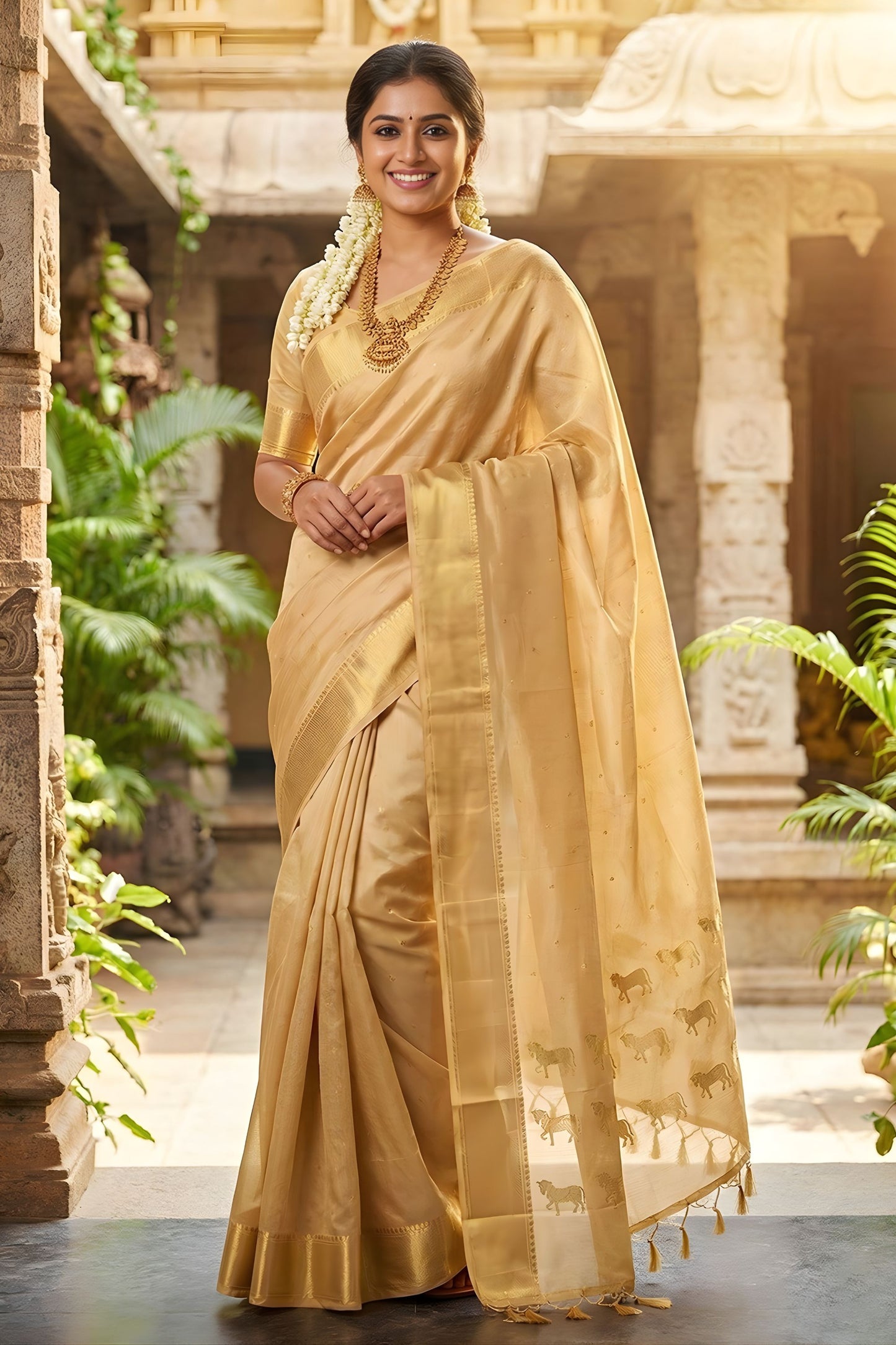Royal Beige Kanjivaram Silk Saree Gold Zari Border Traditional Motif Pallu