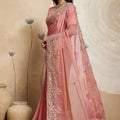 Pink Embroidered Organza Saree Floral Handwork Designer Blouse