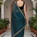 Teal Green Organza Saree Designer Embroidered Border Sleeveless Blouse