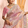 Blush Pink Silk Saree Shimmer Embroidered Border Designer Blouse