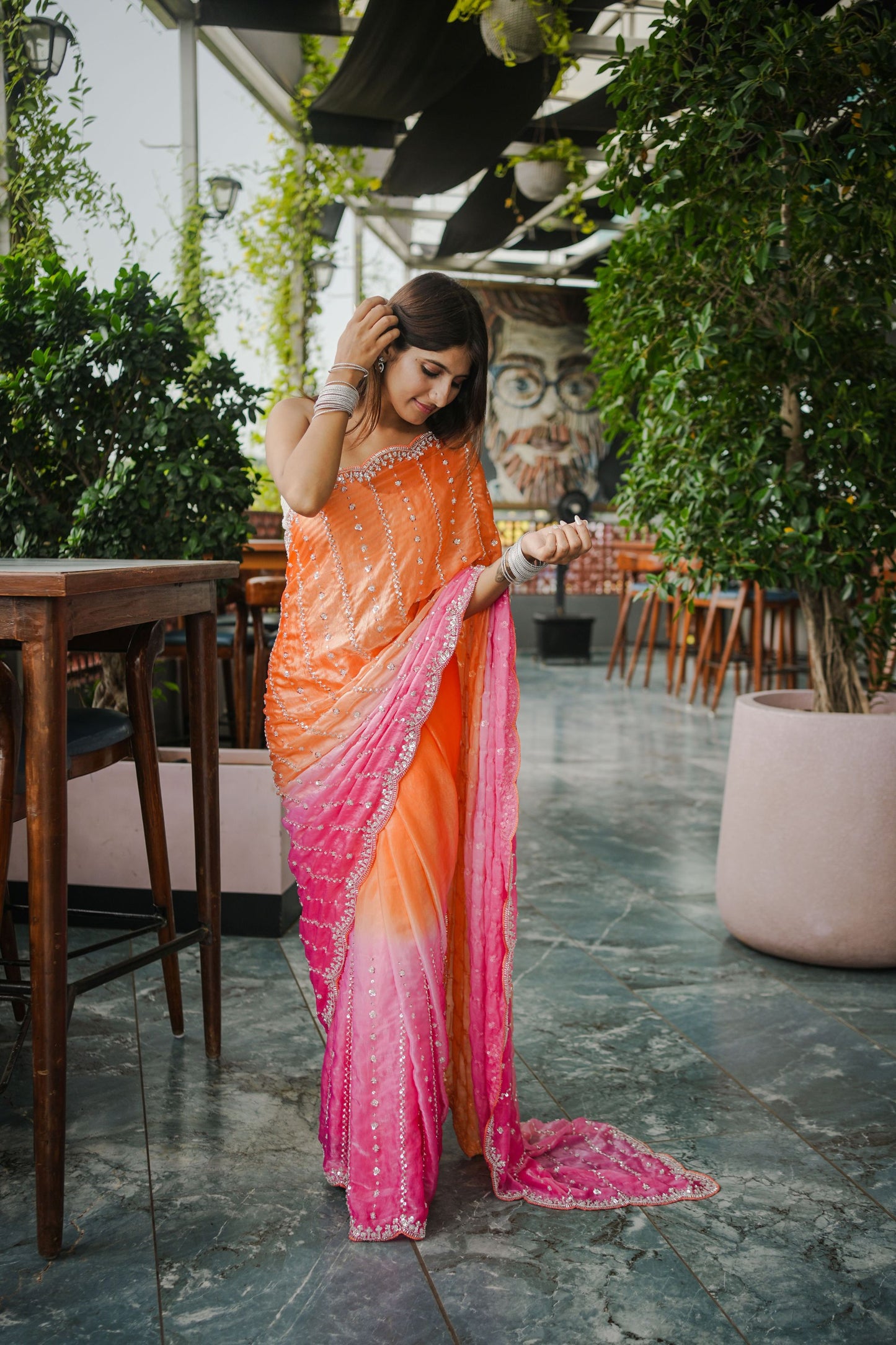 Orange Pink Ombre Sequins Saree Pink Border Designer Party Wear