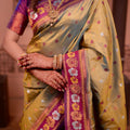 Olive Green Paithani Silk Saree with Contrast Magenta Zari Border