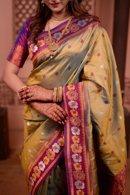 Olive Green Paithani Silk Saree with Contrast Magenta Zari Border