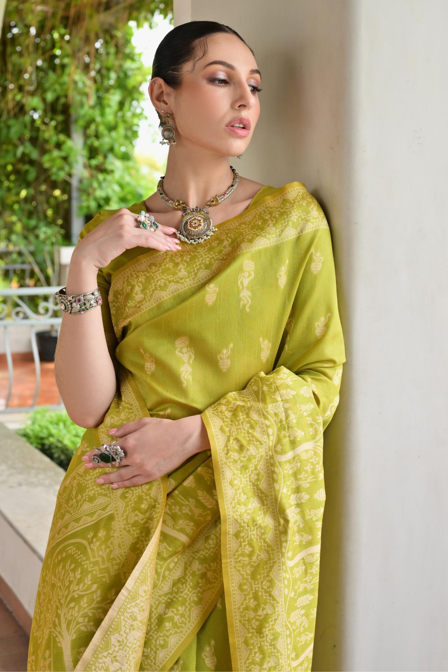 Olive Green Cotton Silk Saree with Traditional Woven Border