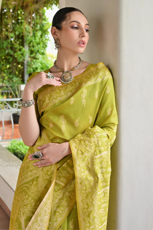 Olive Green Cotton Silk Saree with Traditional Woven Border