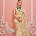 Cream Banarasi Embroidery Silk Saree Matching Blouse Festive Wear