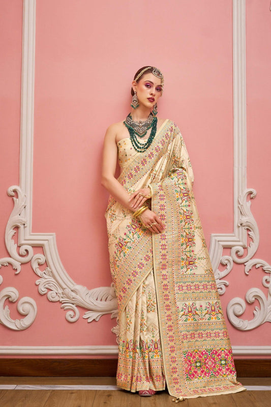 Cream Banarasi Embroidery Silk Saree Matching Blouse Festive Wear