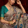 Grey Banarasi Silk Saree with Green Contrast Pallu