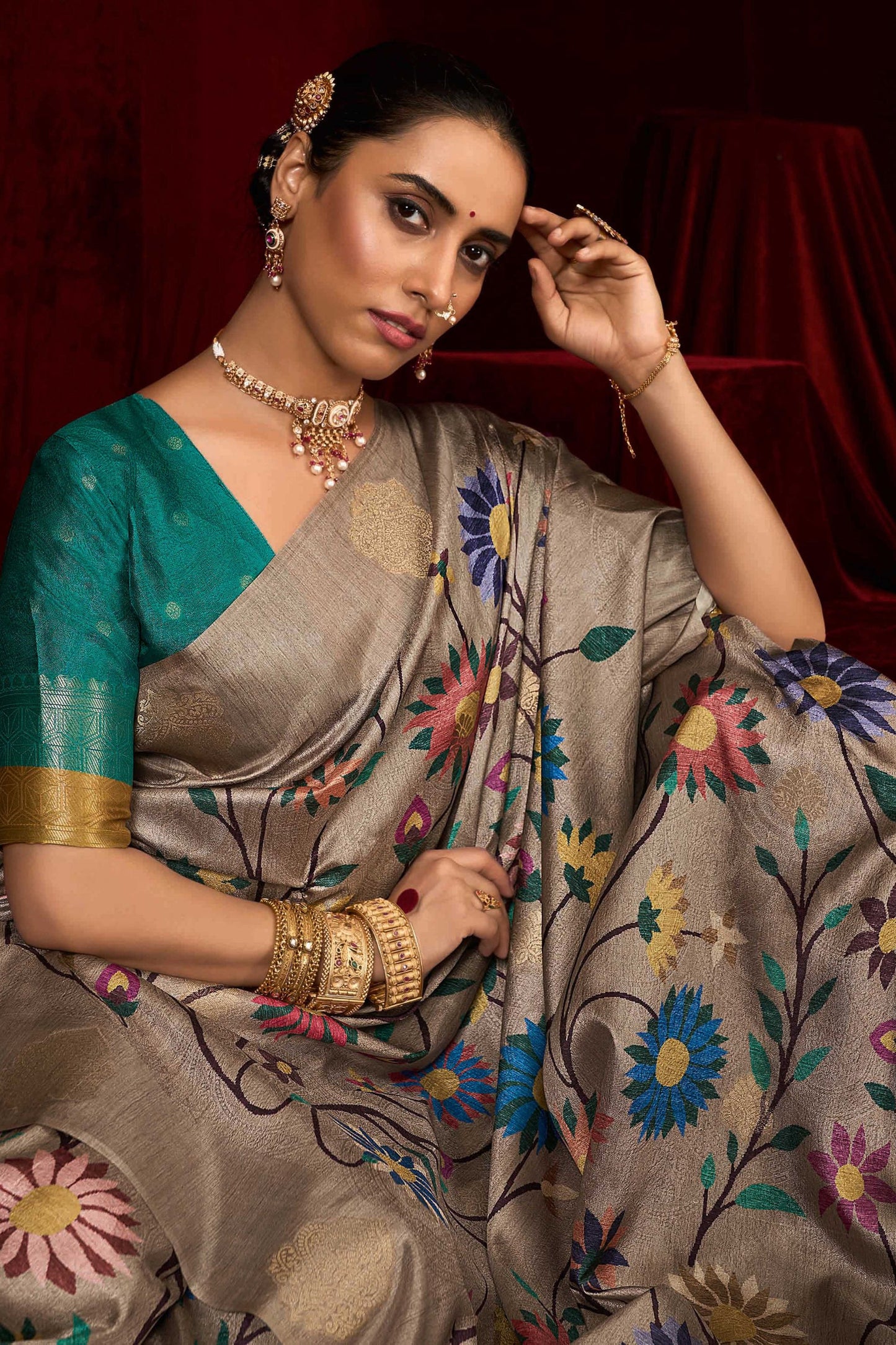 Grey Banarasi Silk Saree with Green Contrast Pallu