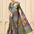Elegant Grey Floral Printed Linen Cotton Saree