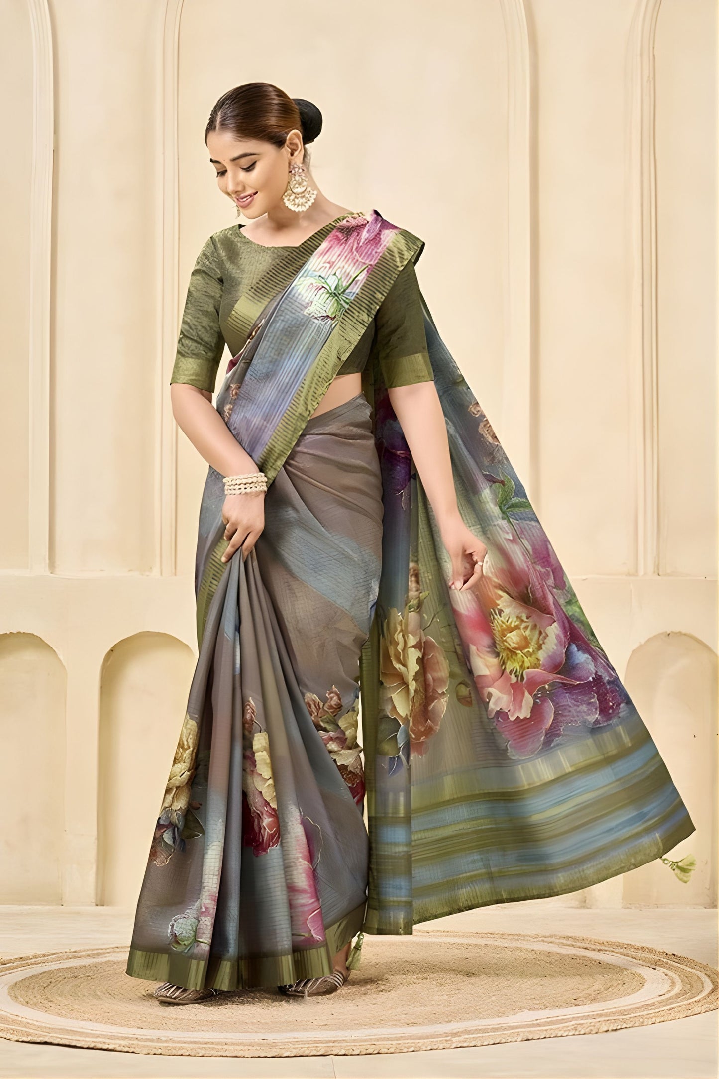 Elegant Grey Floral Printed Linen Cotton Saree