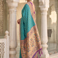 Turquoise Blue Paithani Silk Saree Traditional Zari Border Purple Designer Blouse