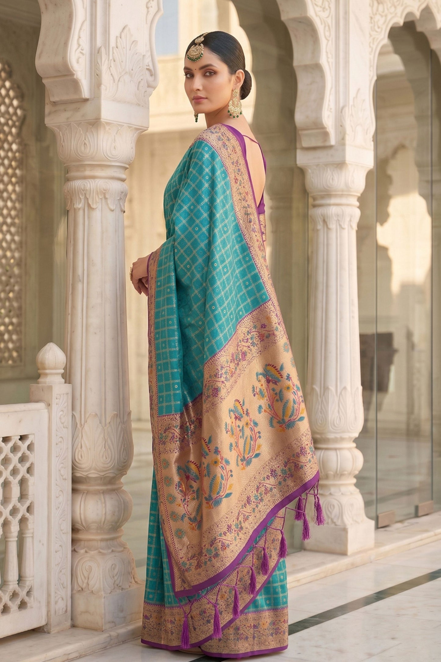 Turquoise Blue Paithani Silk Saree Traditional Zari Border Purple Designer Blouse