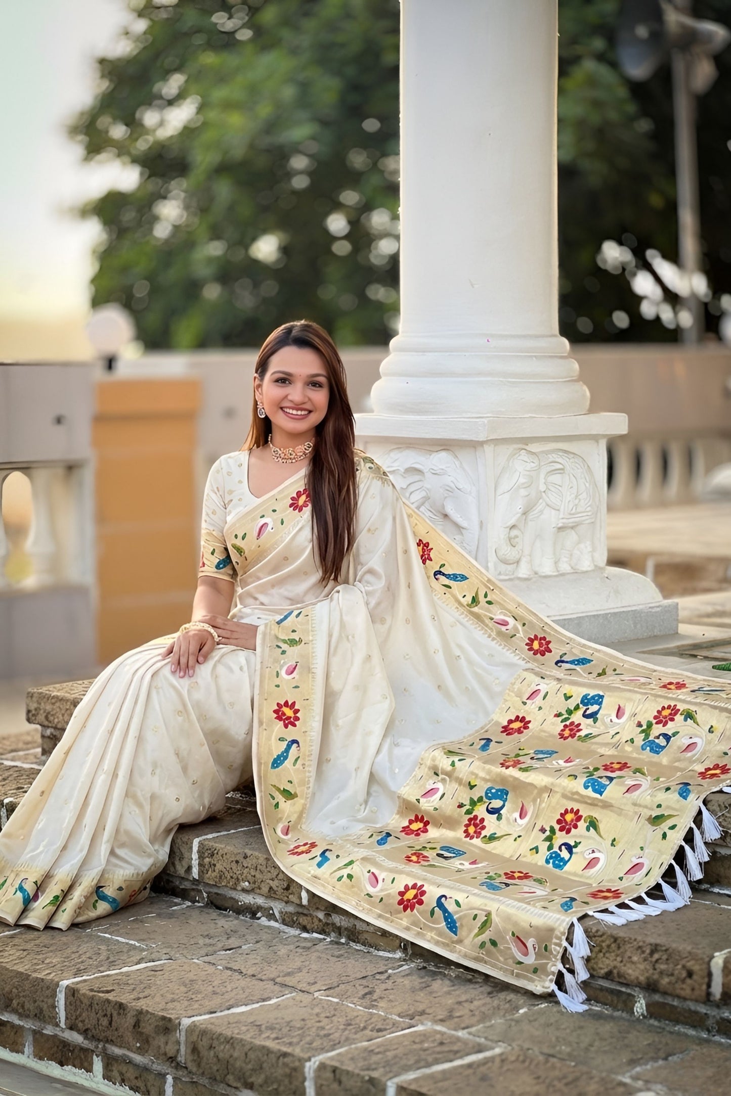 Off White Floral Woven Linen Silk Saree with Designer Peacock Border