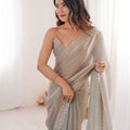 Champagne Gold Organza Saree Designer Embroidered Border