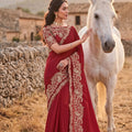 Red Embroidered Saree with Heavy Gold Designer Border and Blouse 