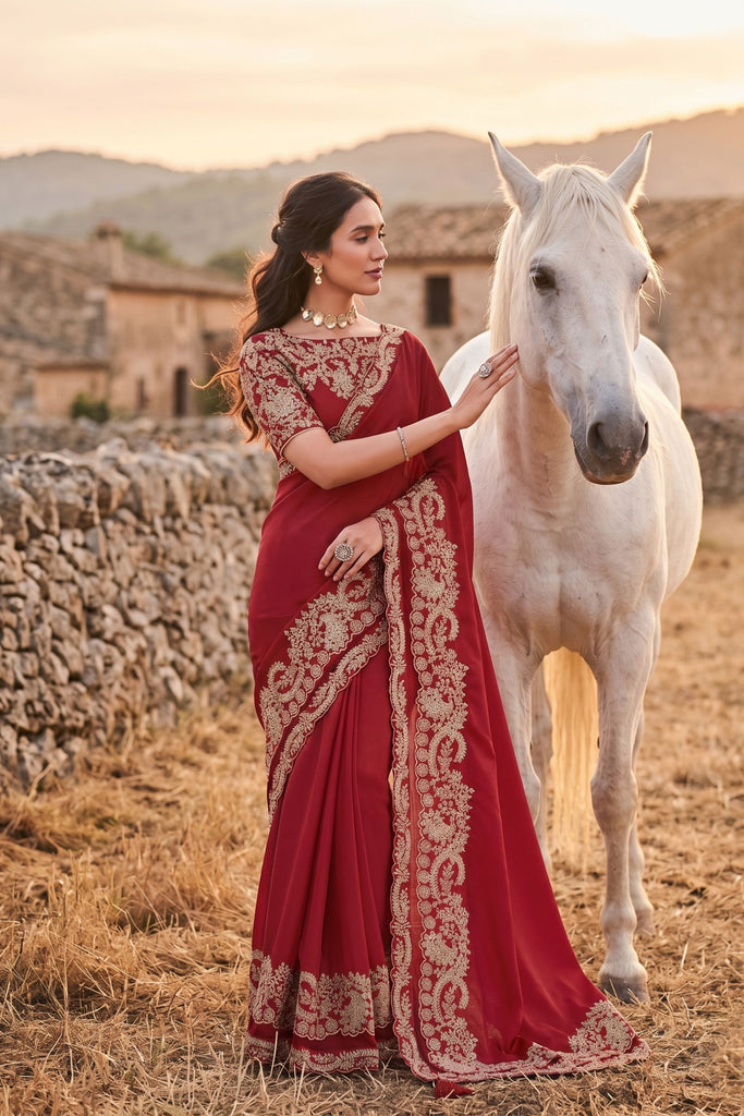 Red Embroidered Saree with Heavy Gold Designer Border and Blouse 
