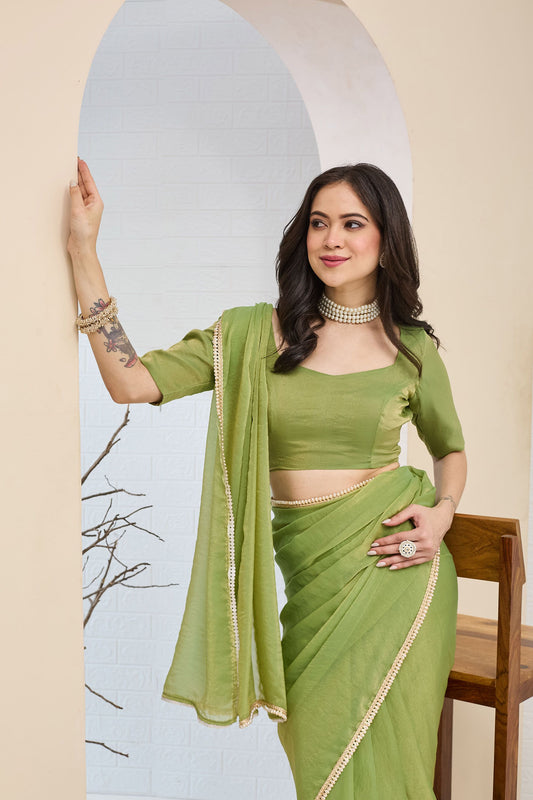 Pista Green Georgette Ready To Wear Saree with Designer Pearl Lace Border
